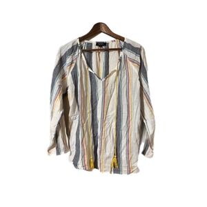 RD+Koko Striped Gauze Blouse Women XL Multicolor Tassel Tie V-Neck Excellent